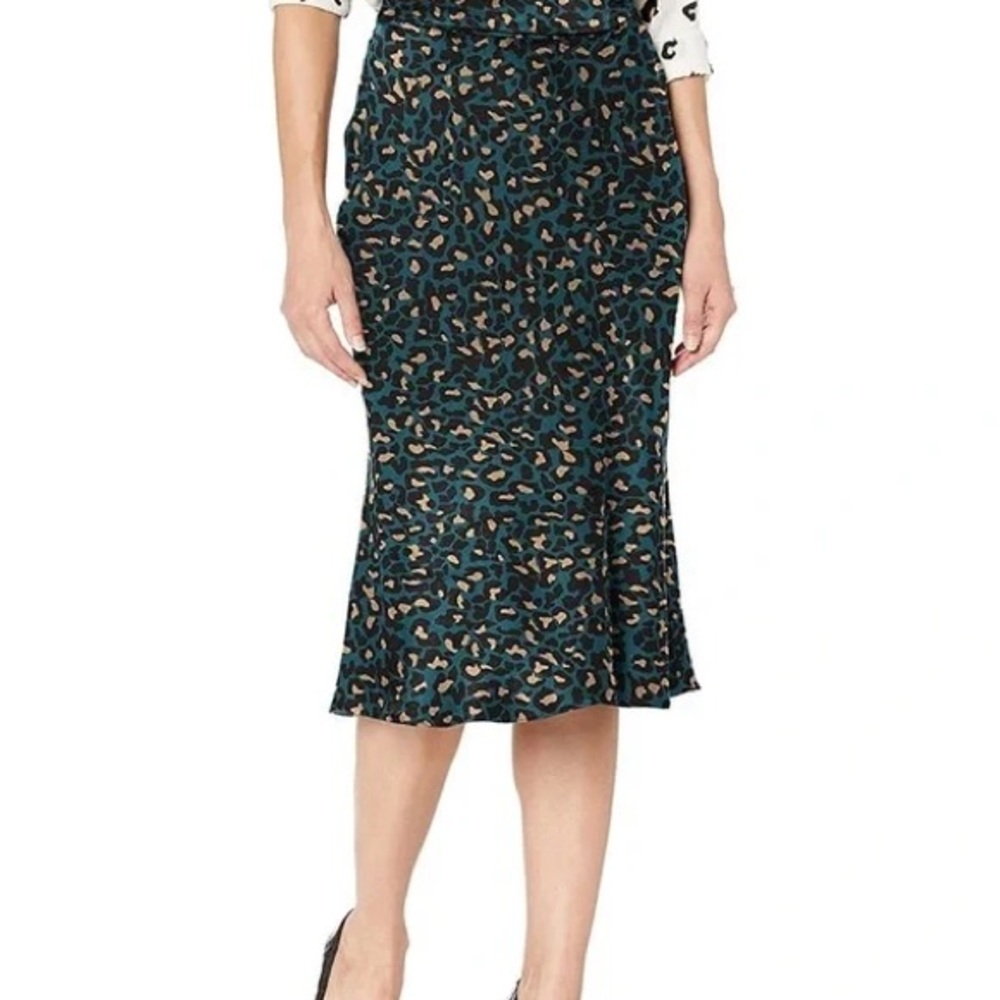 BCBGeneration Teal and Tan Animal Print Satin Midi Skirt